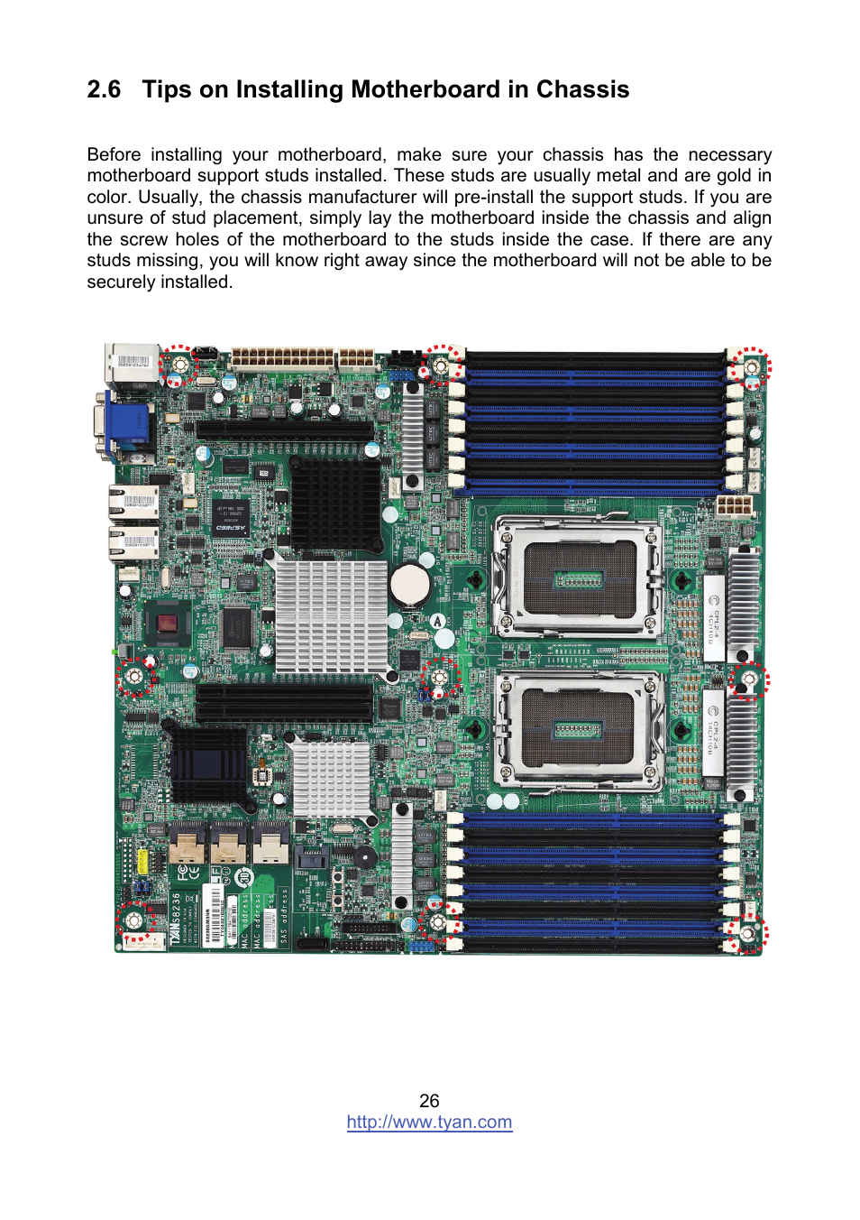 6 tips on installing motherboard in chassis | Tyan Computer MITAC S8236 User Manual | Page 26 / 96