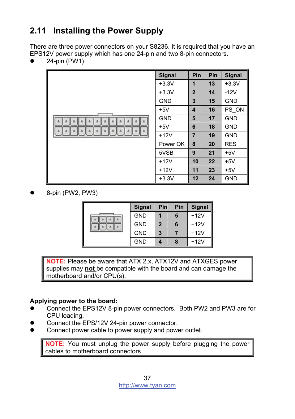 11 installing the power supply | Tyan Computer MITAC S8236 User Manual | Page 37 / 96