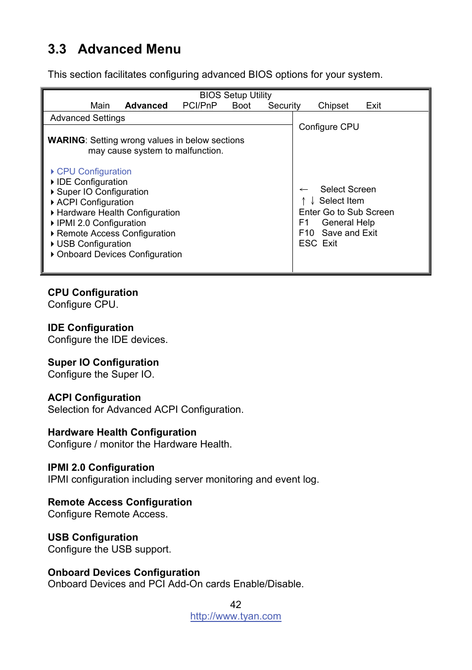 3 advanced menu | Tyan Computer MITAC S8236 User Manual | Page 42 / 96