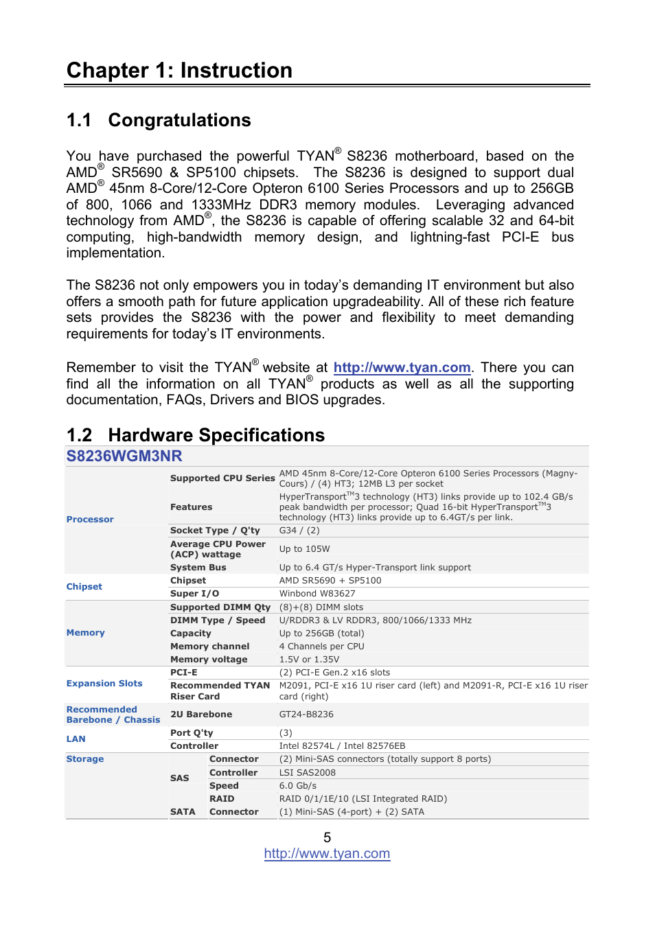 Chapter 1: instruction, 2 hardware specifications, You have purchased the powerful tyan | S8236 motherboard, based on the amd, Remember to visit the tyan | Tyan Computer MITAC S8236 User Manual | Page 5 / 96