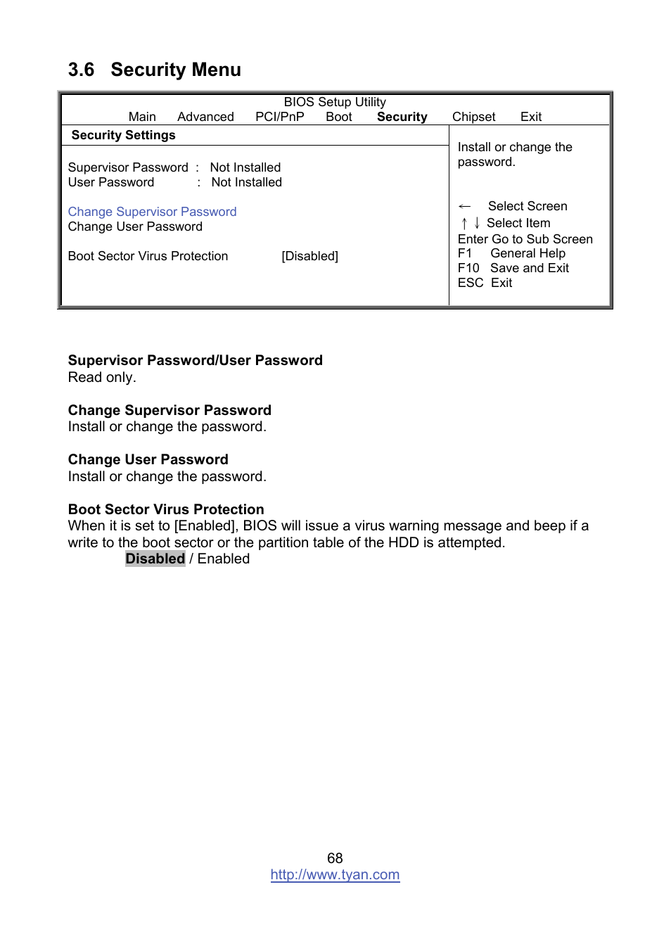 6 security menu | Tyan Computer MITAC S8236 User Manual | Page 68 / 96