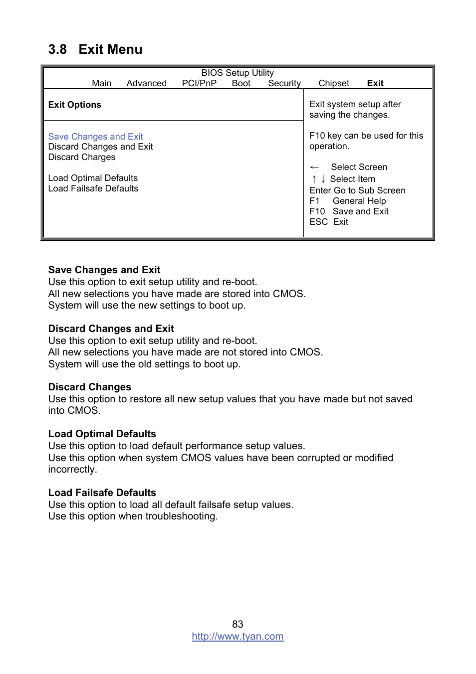 8 exit menu | Tyan Computer MITAC S8236 User Manual | Page 83 / 96