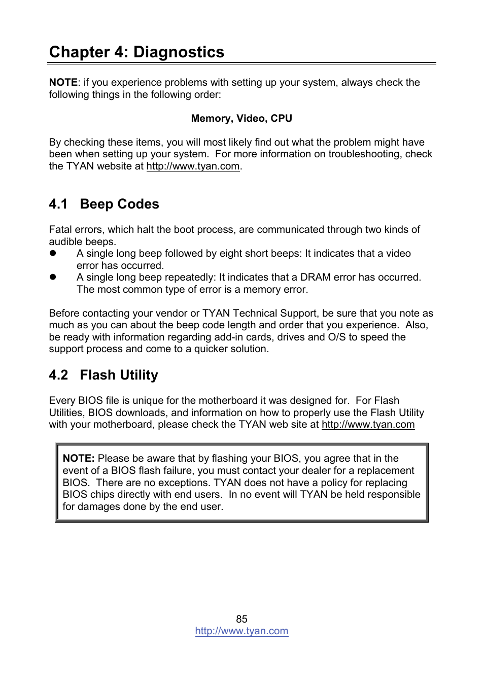 Chapter 4: diagnostics, 1 beep codes, 2 flash utility | Tyan Computer MITAC S8236 User Manual | Page 85 / 96