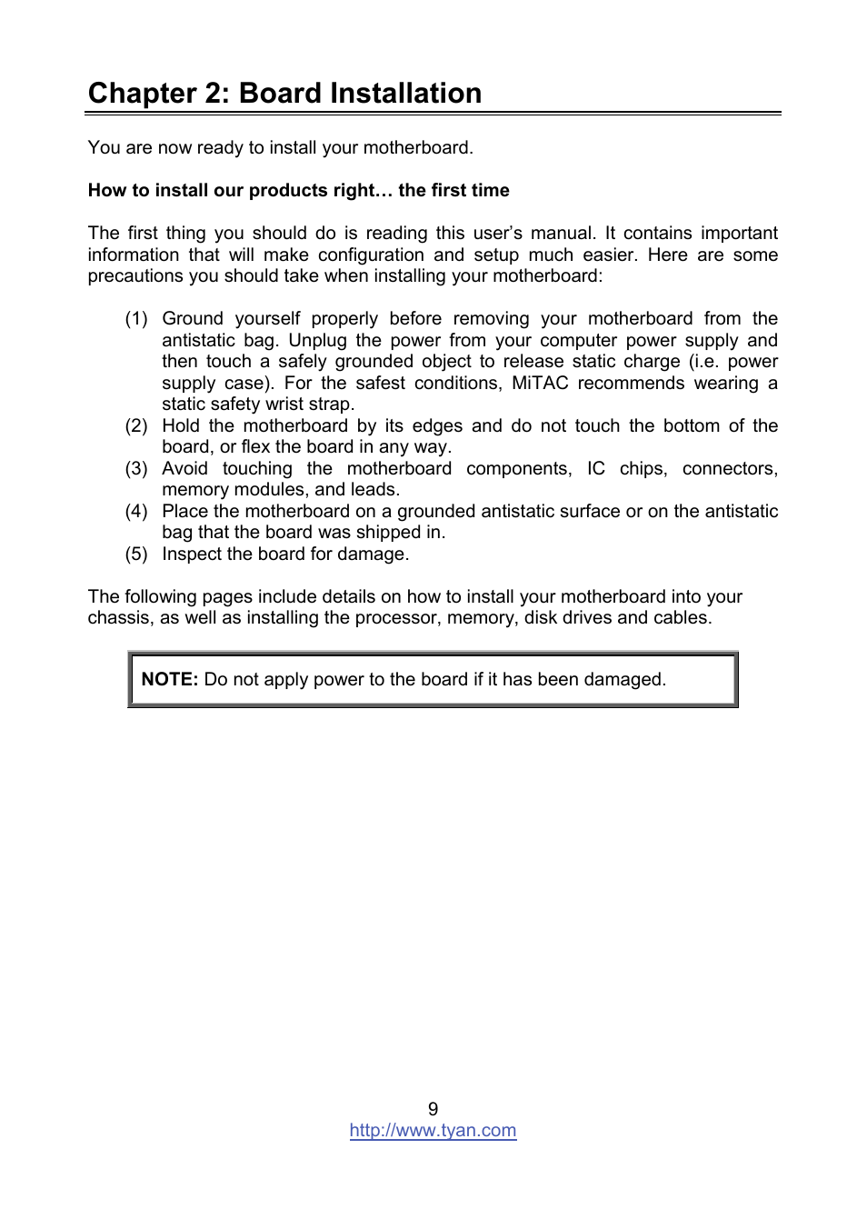 Chapter 2: board installation | Tyan Computer MITAC S8236 User Manual | Page 9 / 96