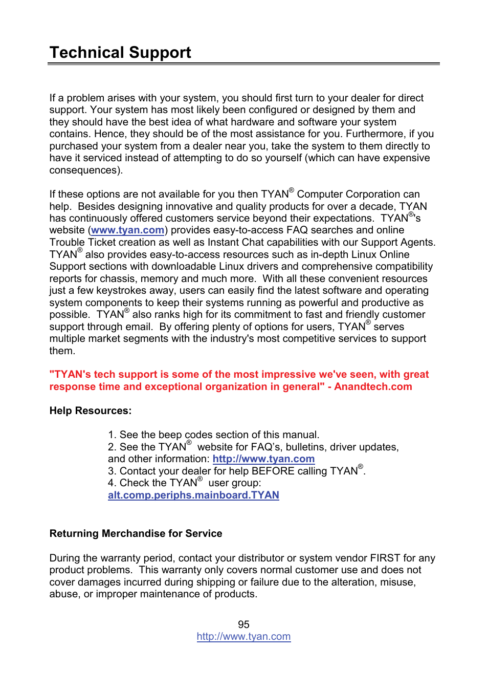 Technical support | Tyan Computer MITAC S8236 User Manual | Page 95 / 96