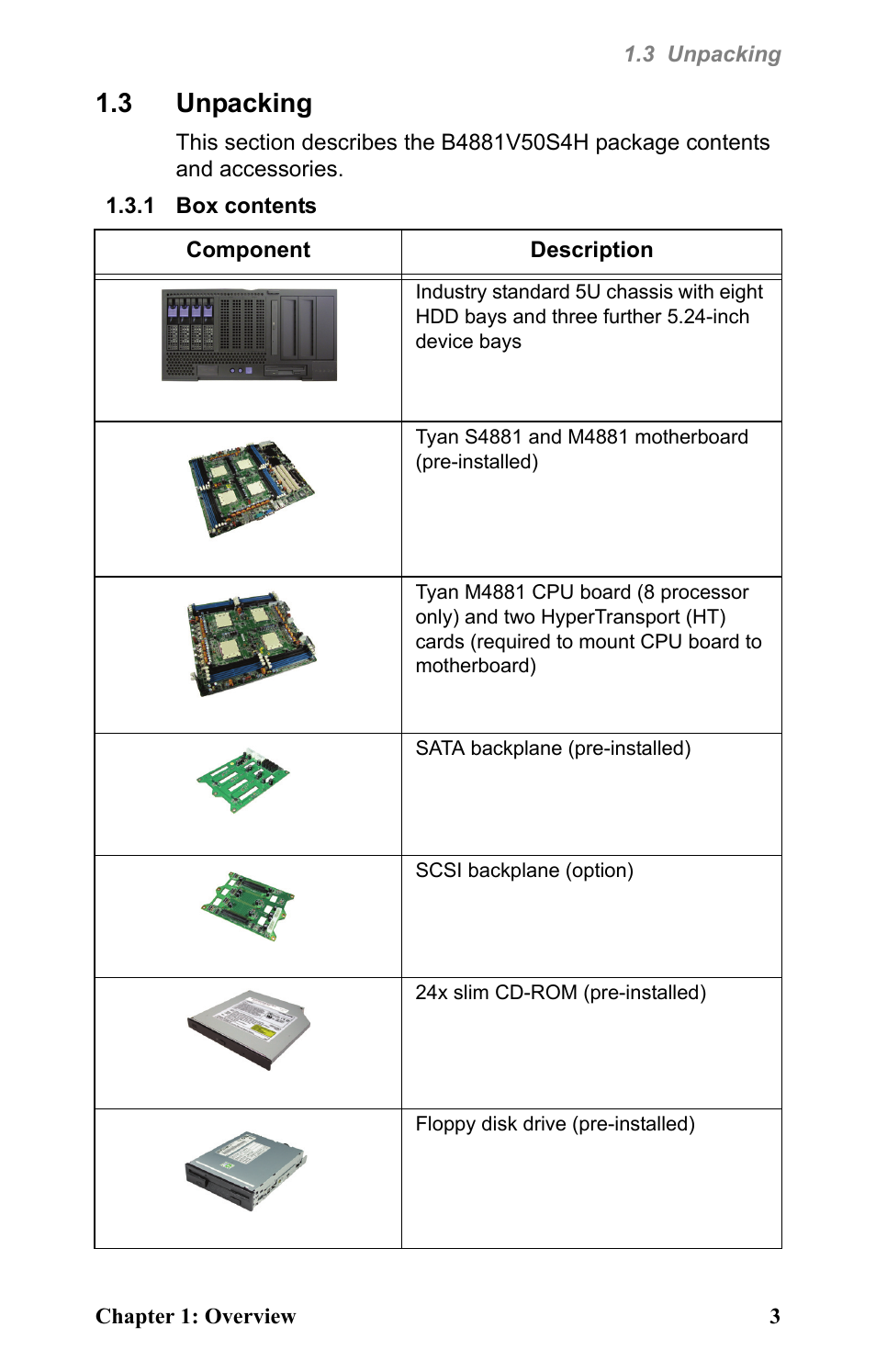 3 unpacking, 1 box contents | Tyan Computer Barebone System B4881V50S4H User Manual | Page 11 / 56