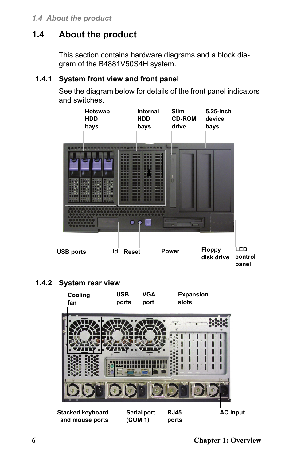 4 about the product, 1 system front view and front panel, Usb ports | 2 system rear view, Cooling fan | Tyan Computer Barebone System B4881V50S4H User Manual | Page 14 / 56