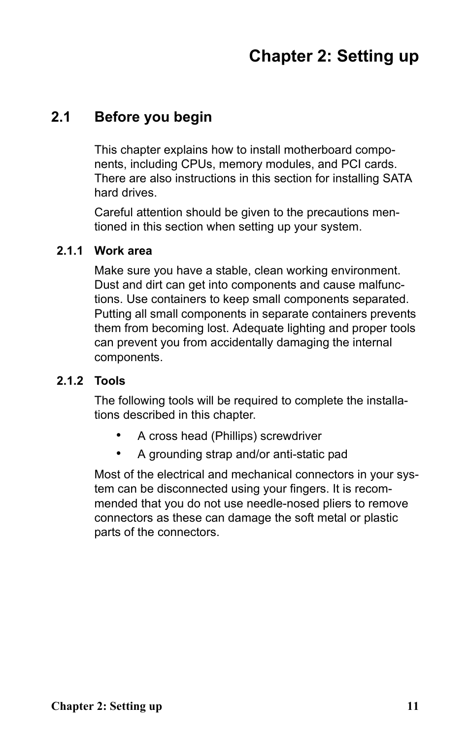 Chapter 2: setting up, 1 before you begin, 1 work area | 2 tools, 1 work area 2.1.2 tools | Tyan Computer Barebone System B4881V50S4H User Manual | Page 19 / 56