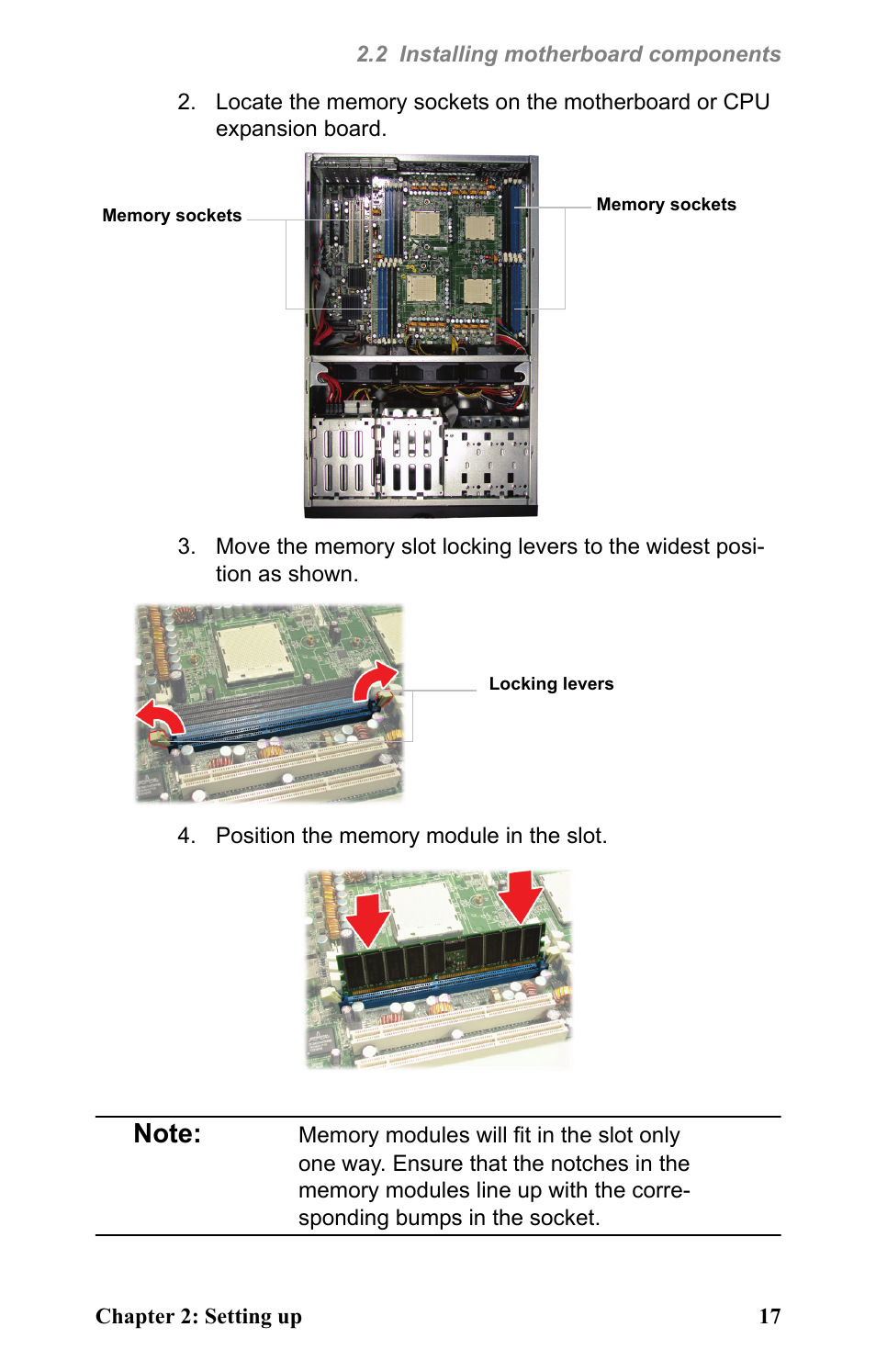 Memory sockets, Locking levers, Position the memory module in the slot | Tyan Computer Barebone System B4881V50S4H User Manual | Page 25 / 56