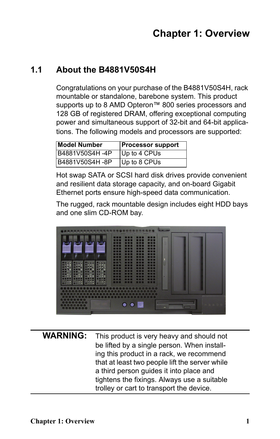 Chapter 1: overview, 1 about the b4881v50s4h, Warning | Tyan Computer Barebone System B4881V50S4H User Manual | Page 9 / 56