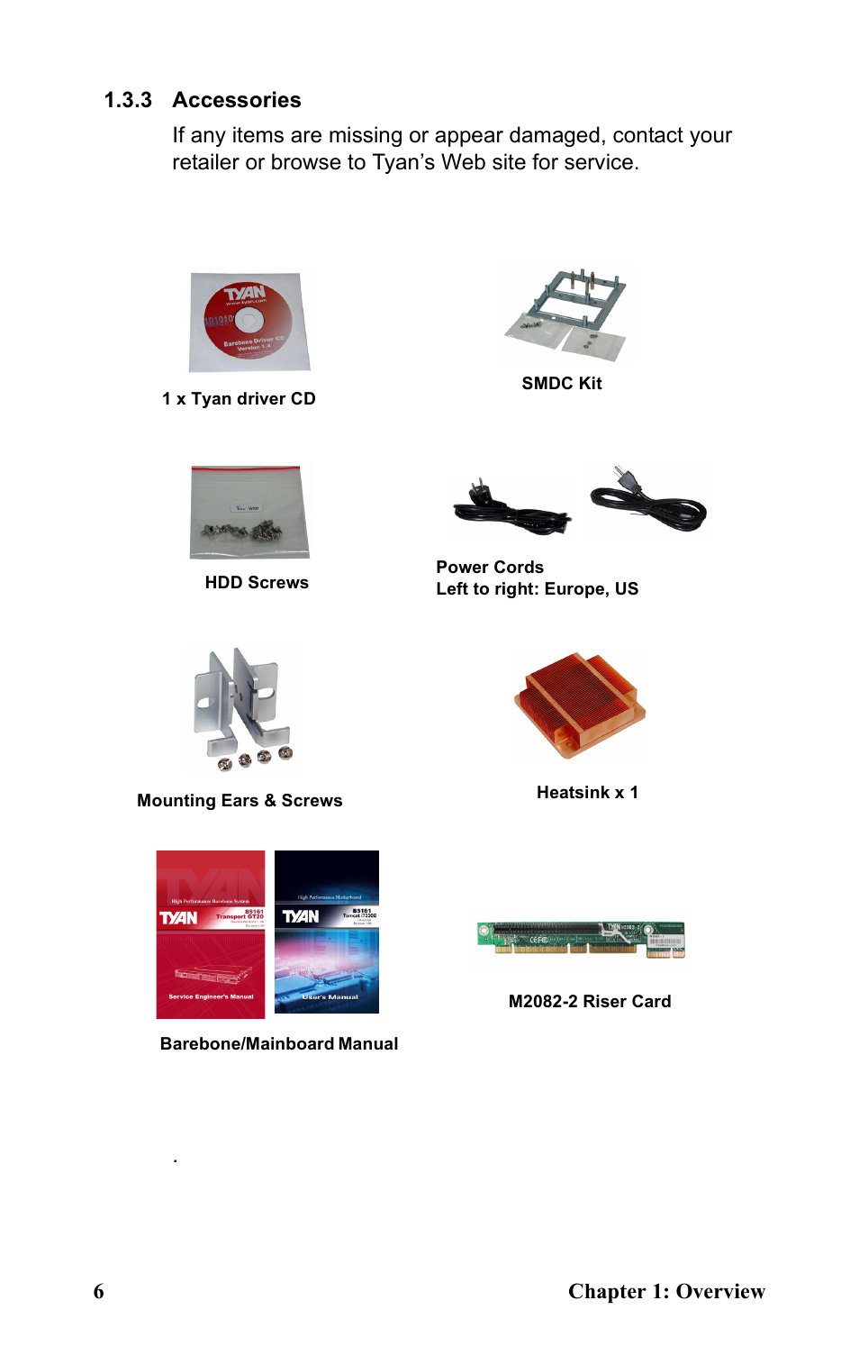 3 accessories, 1 x tyan driver cd | Tyan Computer Transport GT20 B5161 User Manual | Page 14 / 77