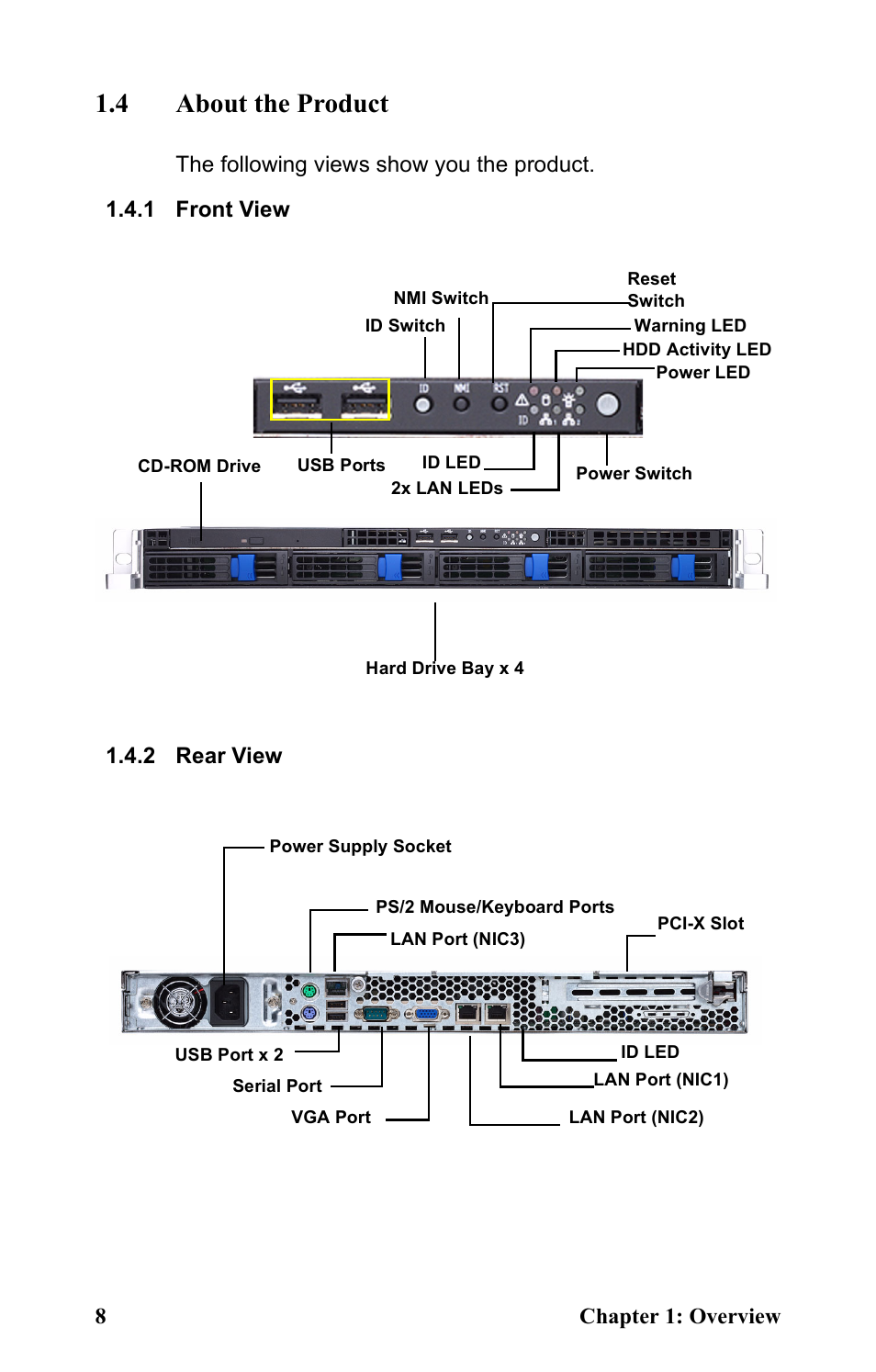 4 about the product, 1 front view, Cd-rom drive | 2 rear view, Power supply socket | Tyan Computer Transport GT20 B5161 User Manual | Page 16 / 77