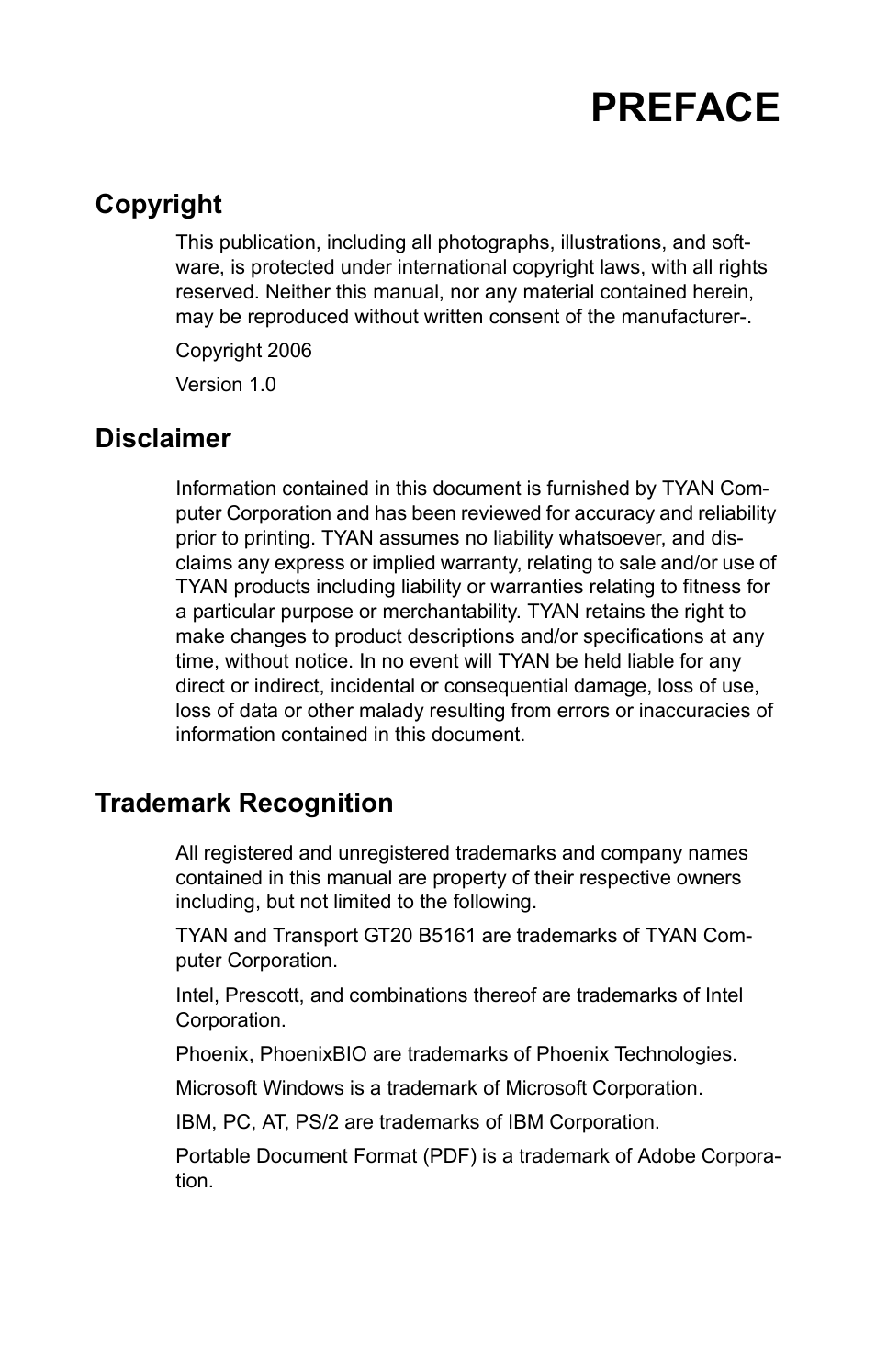 Preface, Copyright, Disclaimer | Trademark recognition | Tyan Computer Transport GT20 B5161 User Manual | Page 3 / 77