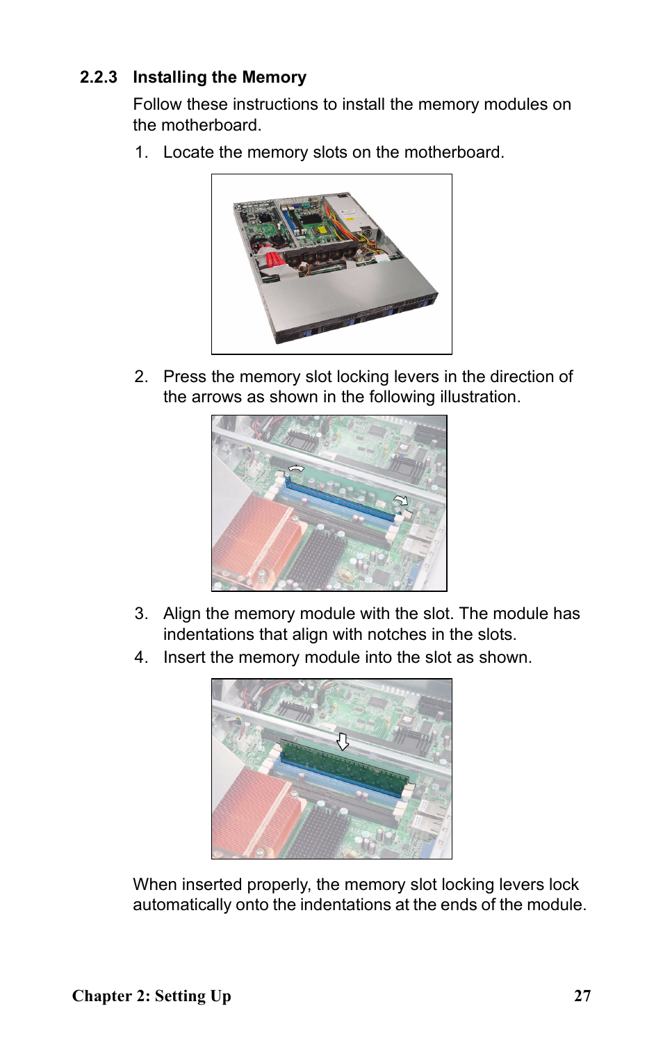 3 installing the memory, Locate the memory slots on the motherboard, Insert the memory module into the slot as shown | Tyan Computer Transport GT20 B5161 User Manual | Page 35 / 77
