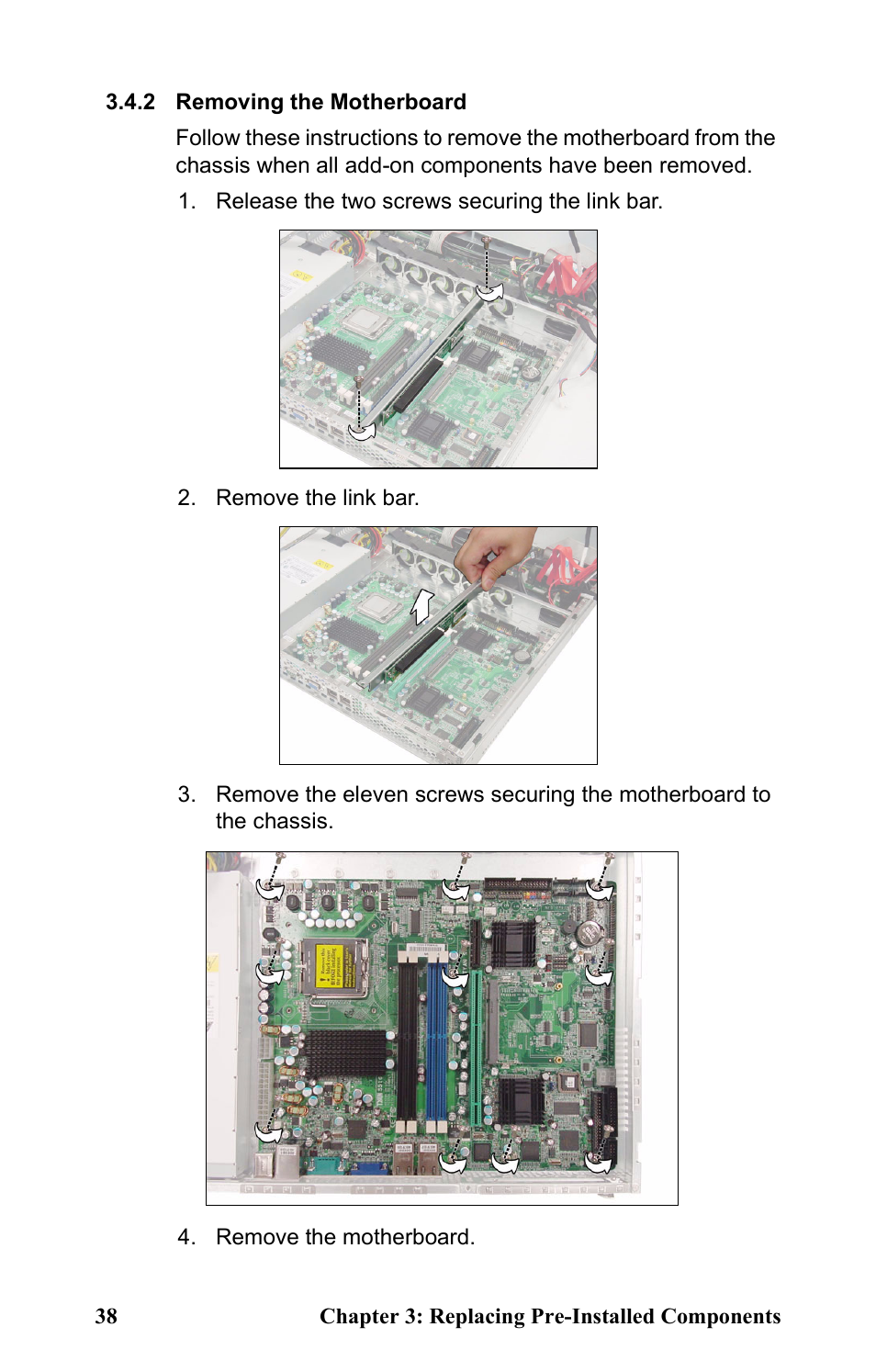 2 removing the motherboard, Release the two screws securing the link bar, Remove the link bar | Remove the motherboard | Tyan Computer Transport GT20 B5161 User Manual | Page 46 / 77