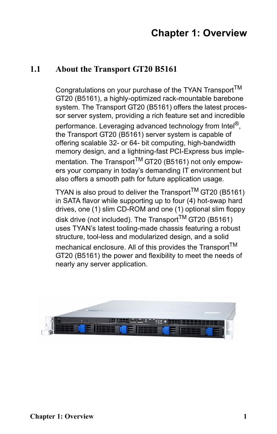 Chapter 1: overview, 1 about the transport gt20 b5161, Chapter 2: setting up | Chapter 3: replacing pre-installed components | Tyan Computer Transport GT20 B5161 User Manual | Page 9 / 77
