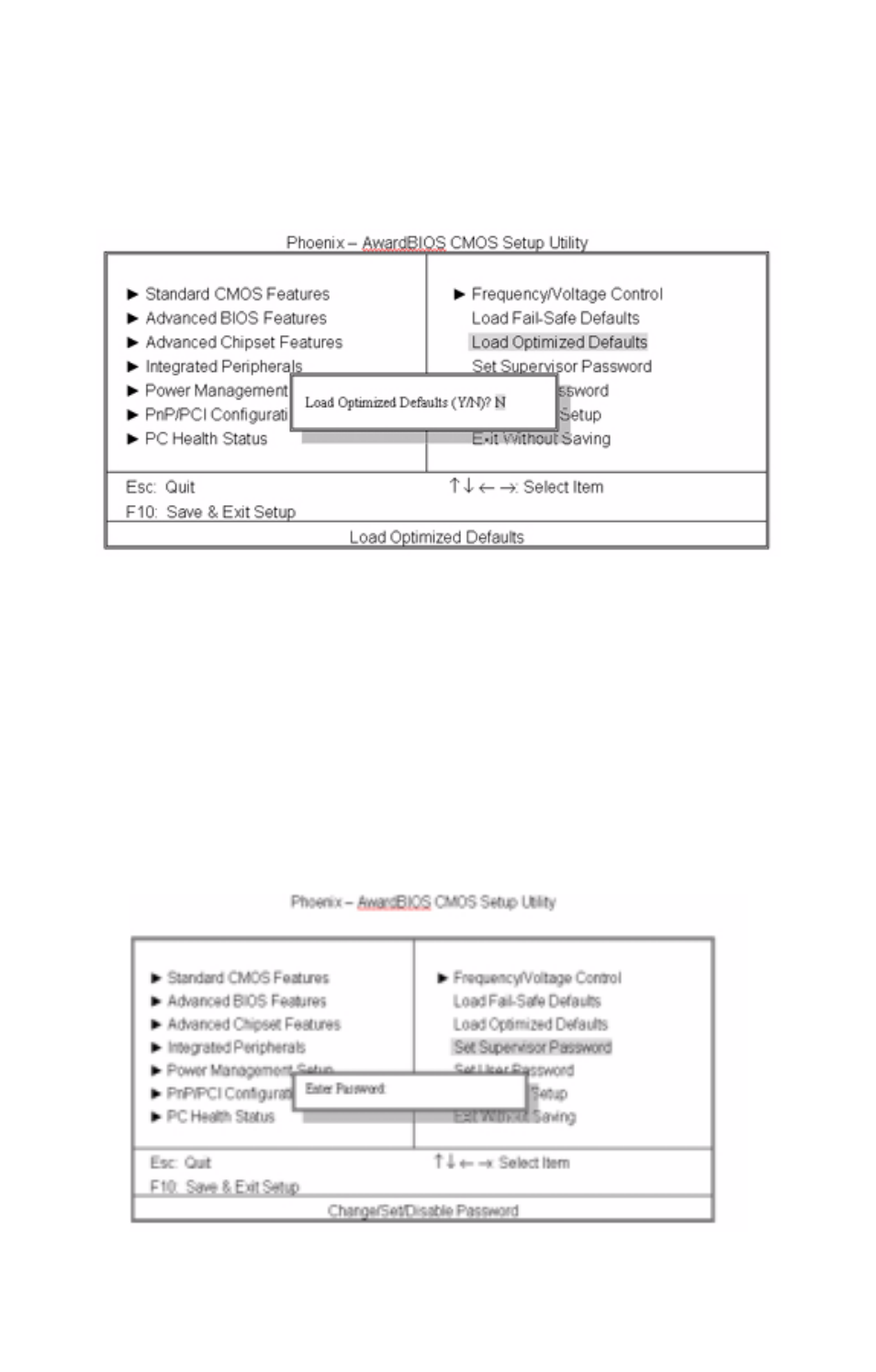 Load optimized defaults, Supervisor/user password setting, Supervisor / user password | Tyan Computer GX21 User Manual | Page 105 / 112