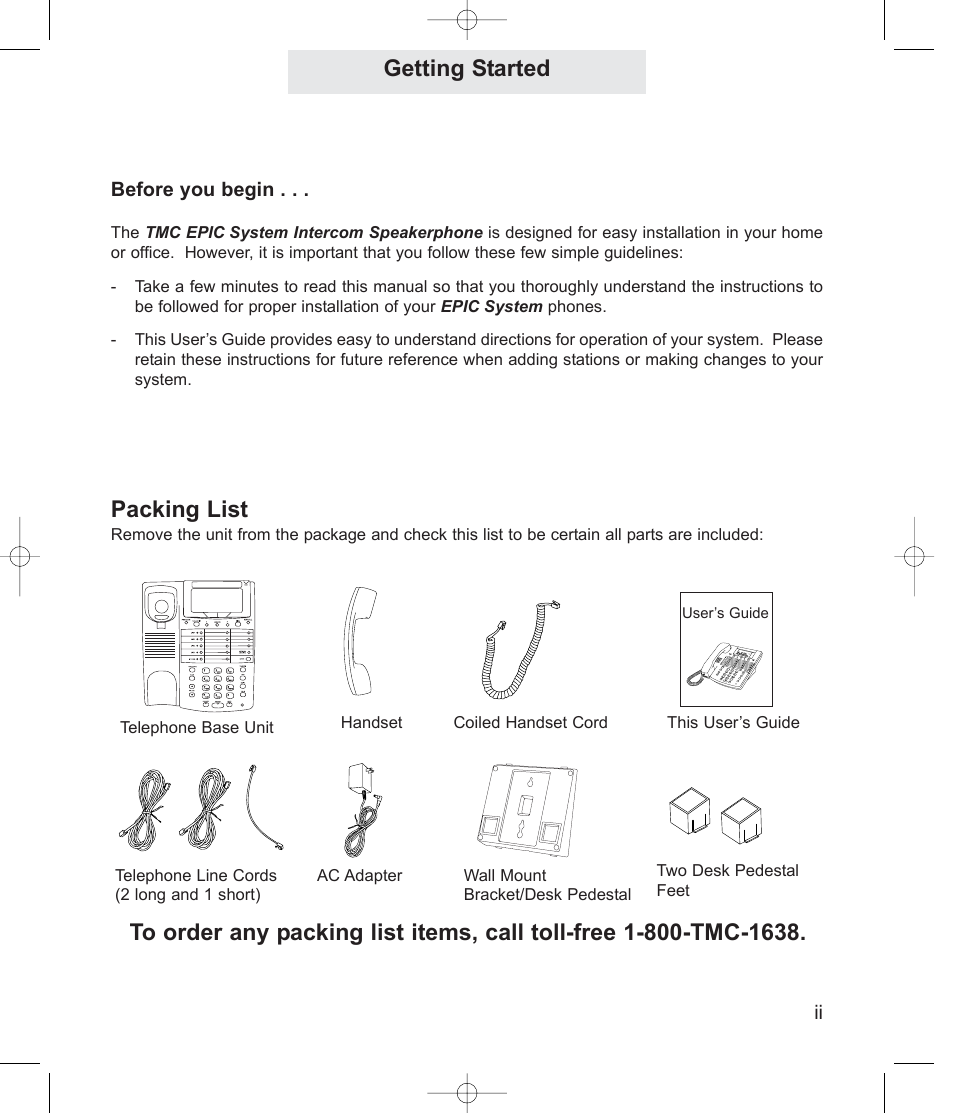 Packing list, Getting started | TMC EPIC ET4300 User Manual | Page 3 / 91