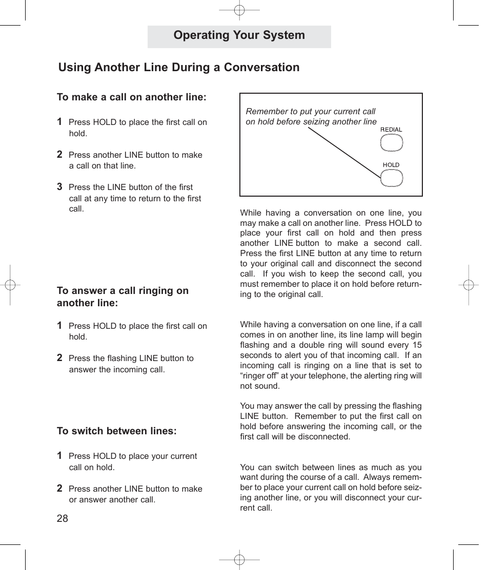 Operating your system, Using another line during a conversation | TMC EPIC ET4300 User Manual | Page 38 / 91