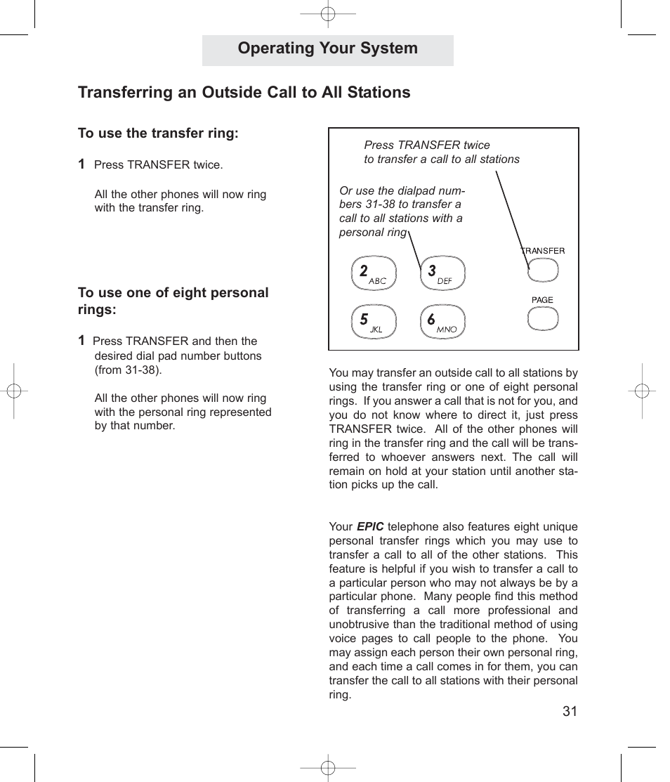 Operating your system, Transferring an outside call to all stations | TMC EPIC ET4300 User Manual | Page 41 / 91