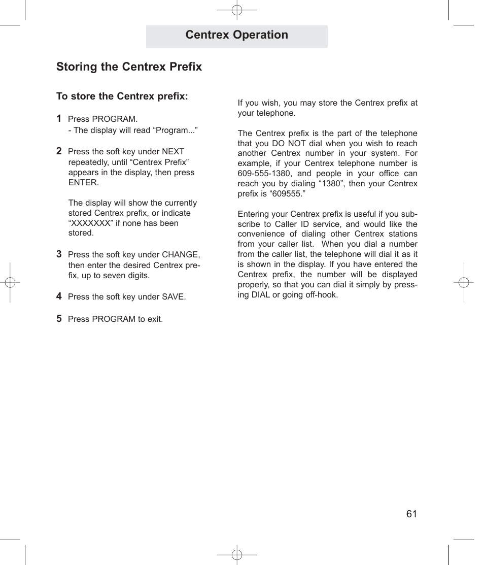 Centrex operation storing the centrex prefix | TMC EPIC ET4300 User Manual | Page 71 / 91