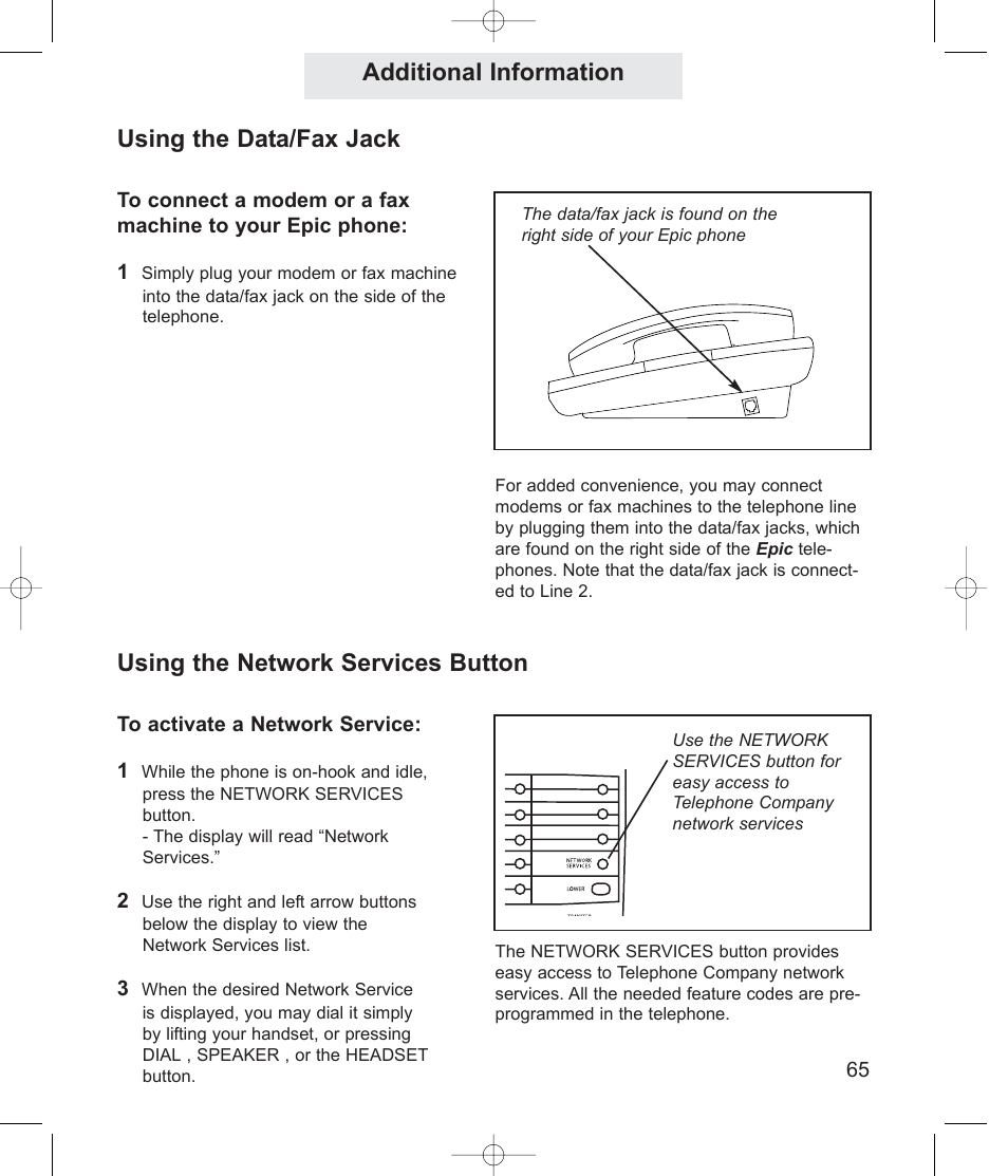 Using the data/fax jack additional information, Using the network services button | TMC EPIC ET4300 User Manual | Page 75 / 91