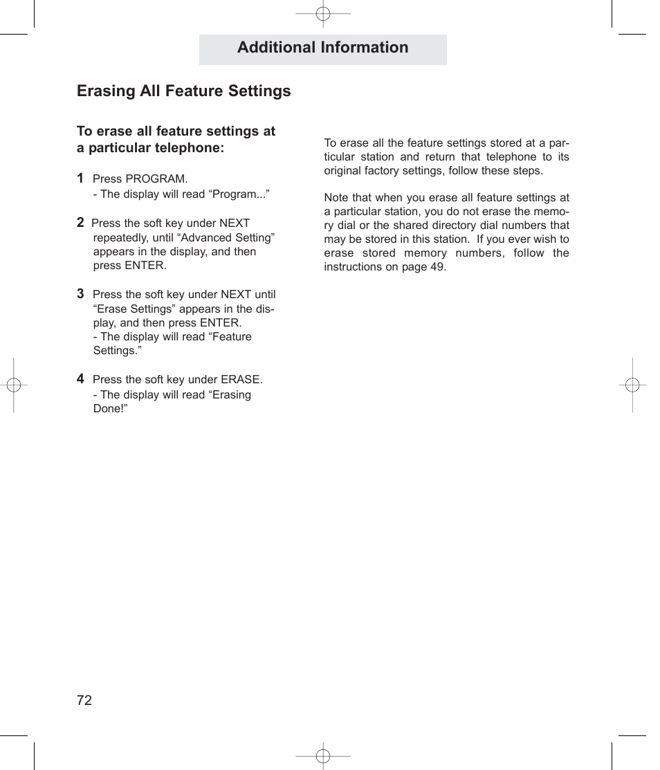 Erasing all feature settings, Additional information | TMC EPIC ET4300 User Manual | Page 82 / 91