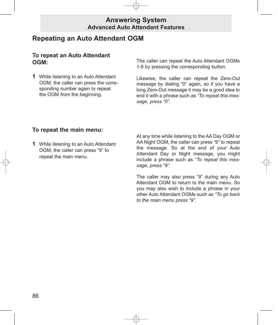 Repeating an auto attendant ogm, Answering system | TMC EV4500 User Manual | Page 100 / 137