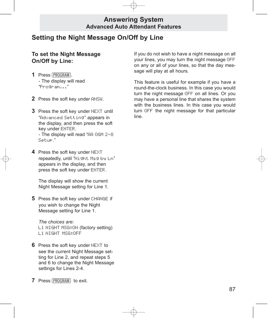 Setting the night message on/off by line, Answering system | TMC EV4500 User Manual | Page 101 / 137