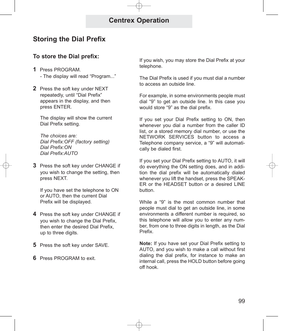 Centrex operation storing the dial prefix | TMC EV4500 User Manual | Page 113 / 137