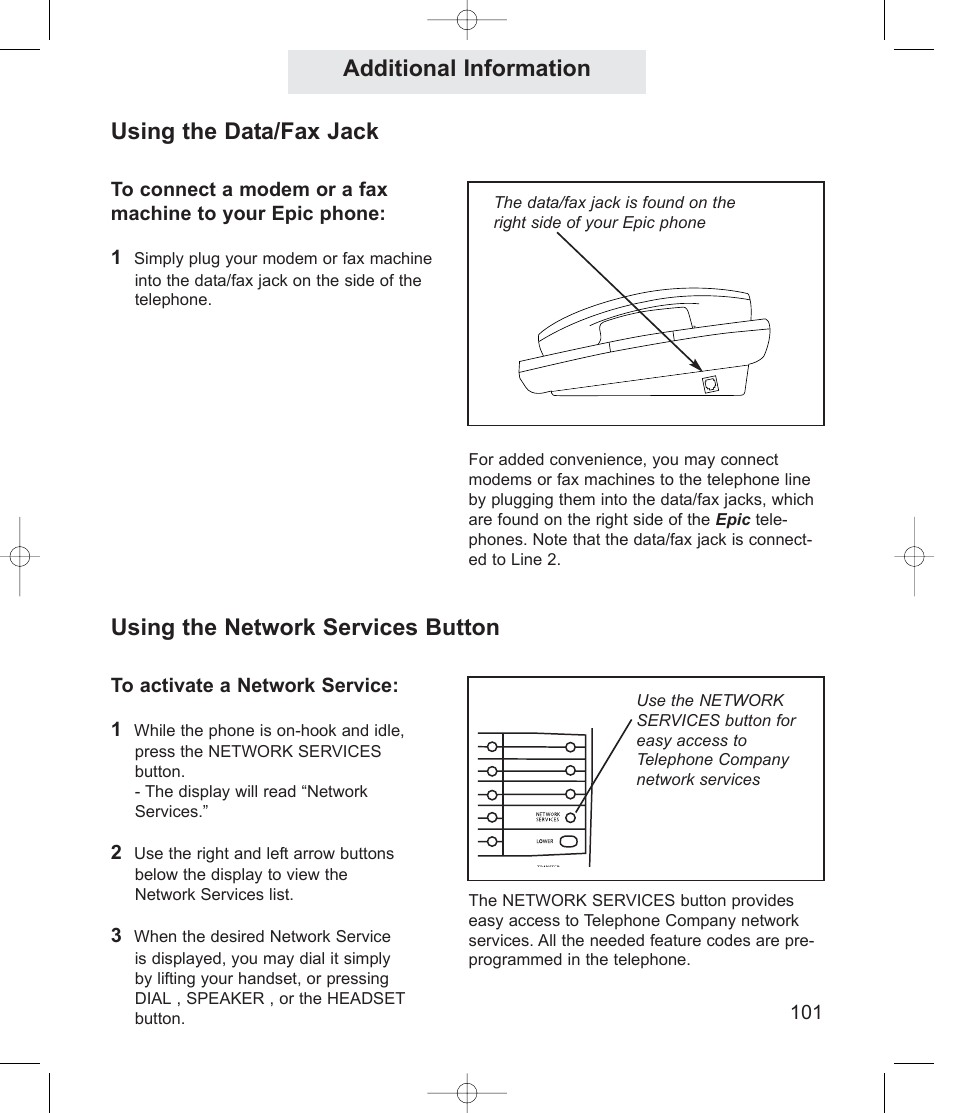 Using the data/fax jack additional information, Using the network services button | TMC EV4500 User Manual | Page 115 / 137