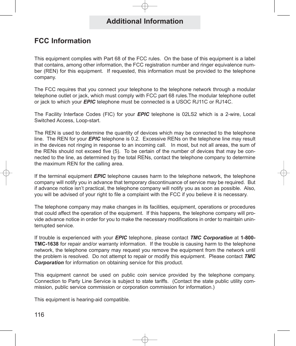 Additional information, Fcc information | TMC EV4500 User Manual | Page 130 / 137