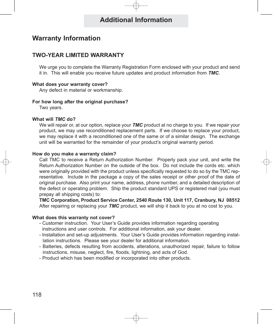 Additional information, Warranty information | TMC EV4500 User Manual | Page 132 / 137