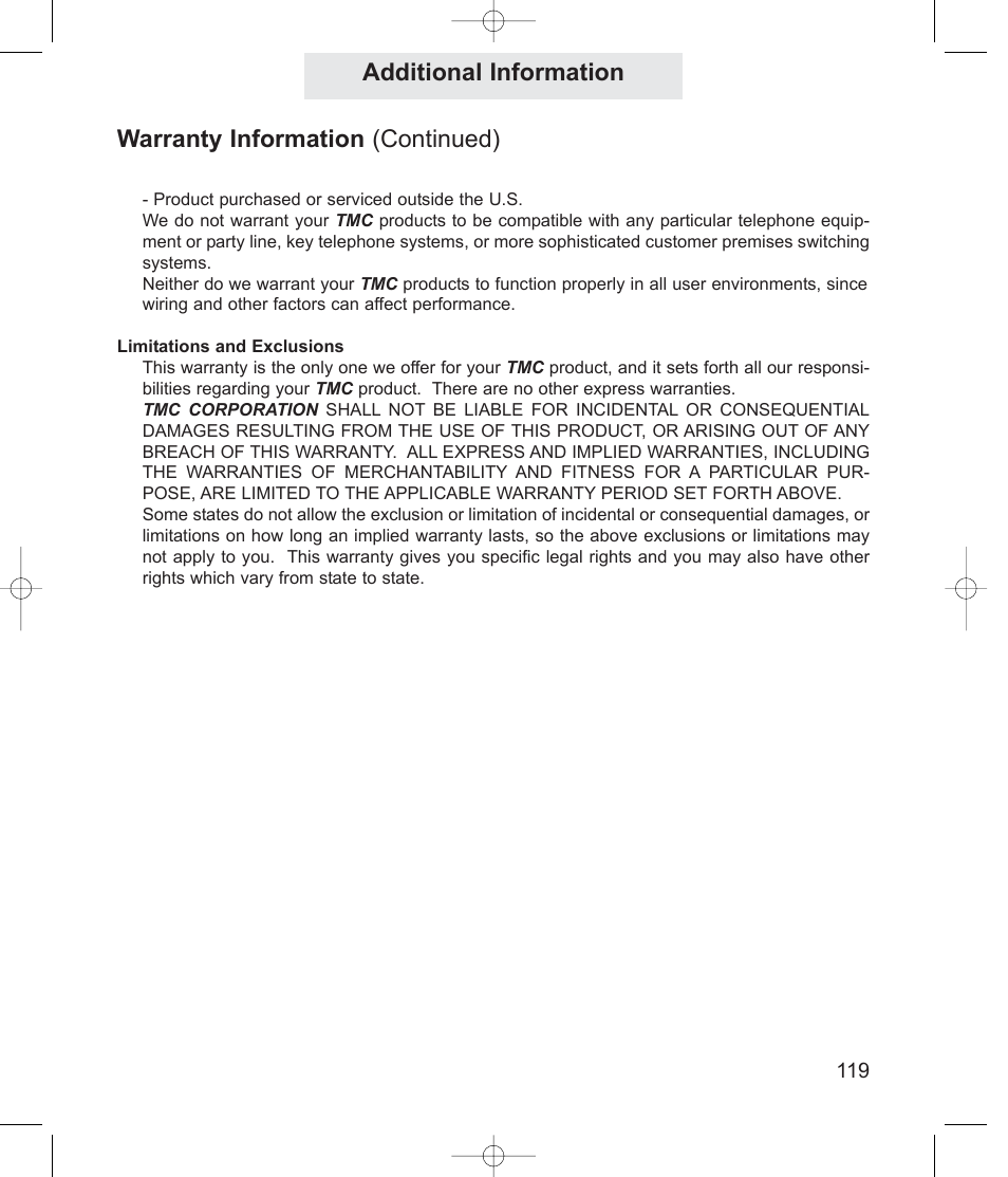 Additional information, Warranty information (continued) | TMC EV4500 User Manual | Page 133 / 137