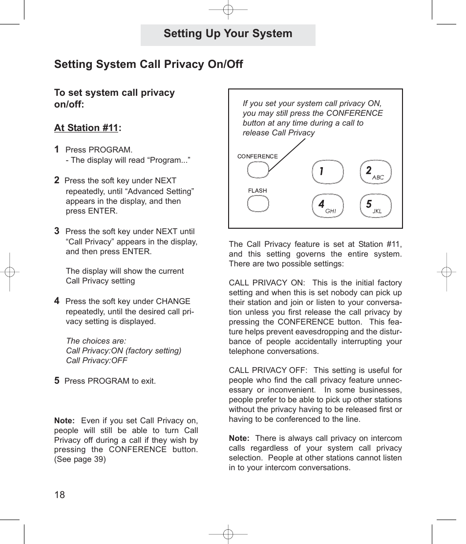Setting up your system, Setting system call privacy on/off | TMC EV4500 User Manual | Page 32 / 137