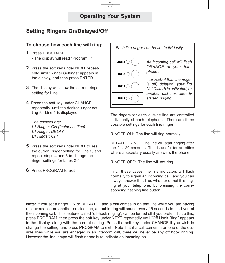 Operating your system, Setting ringers on/delayed/off | TMC EV4500 User Manual | Page 36 / 137