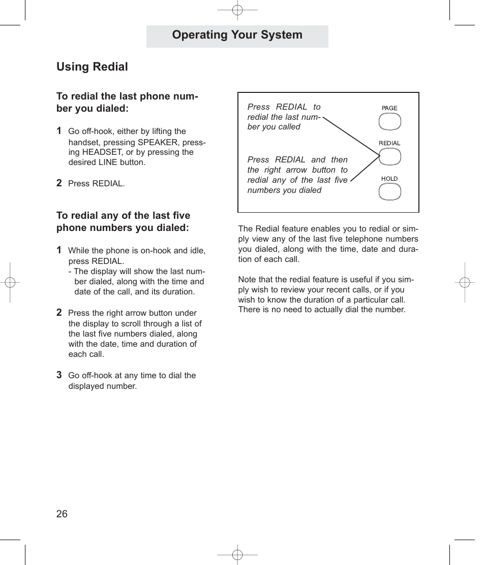 Operating your system, Using redial | TMC EV4500 User Manual | Page 40 / 137