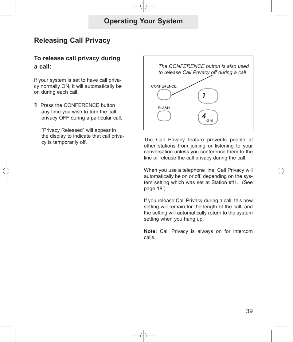 Operating your system, Releasing call privacy | TMC EV4500 User Manual | Page 53 / 137