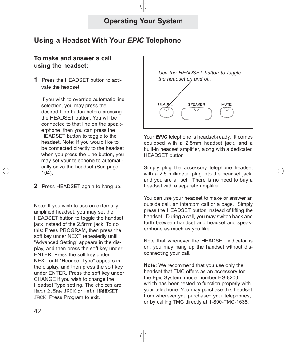 Using a headset with your epic telephone, Operating your system | TMC EV4500 User Manual | Page 56 / 137