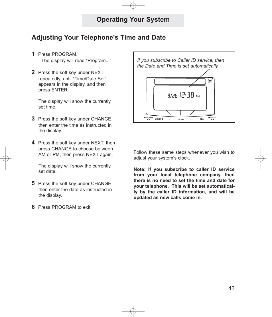 Operating your system, Adjusting your telephone's time and date | TMC EV4500 User Manual | Page 57 / 137