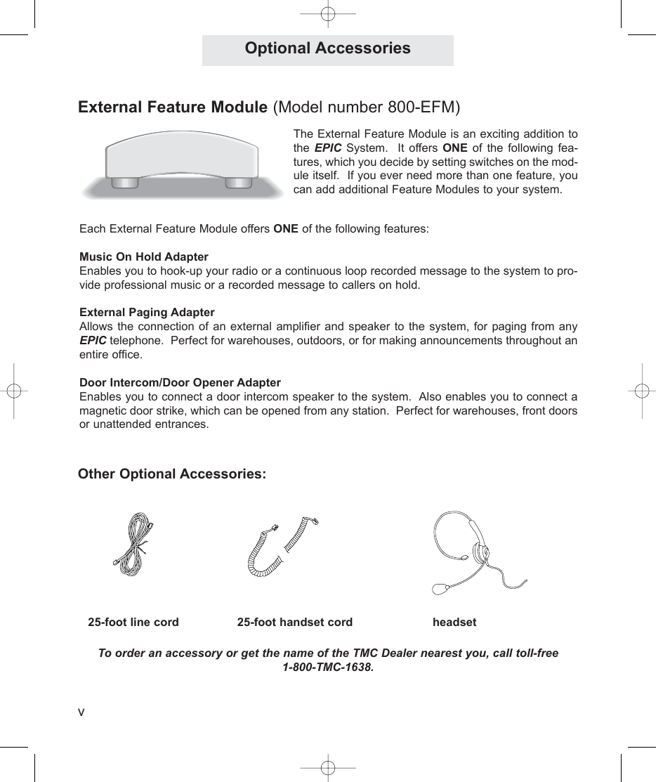 Optional accessories, External feature module (model number 800-efm) | TMC EV4500 User Manual | Page 6 / 137