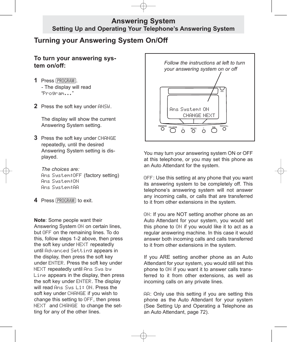 Answering system, Turning your answering system on/off | TMC EV4500 User Manual | Page 73 / 137