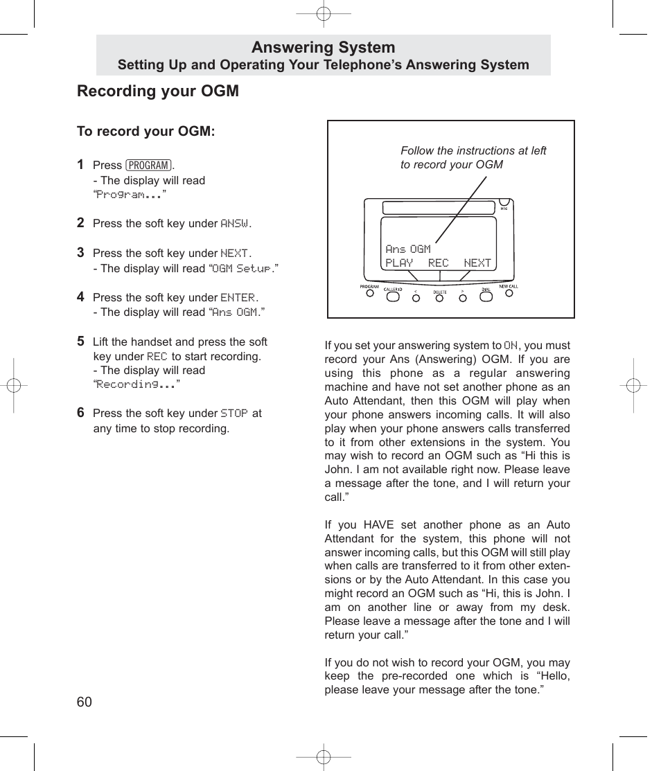 Recording your ogm, Answering system | TMC EV4500 User Manual | Page 74 / 137