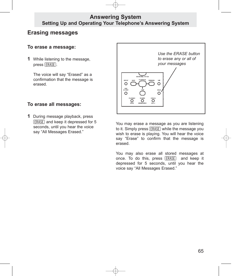 Erasing messages, Answering system | TMC EV4500 User Manual | Page 79 / 137