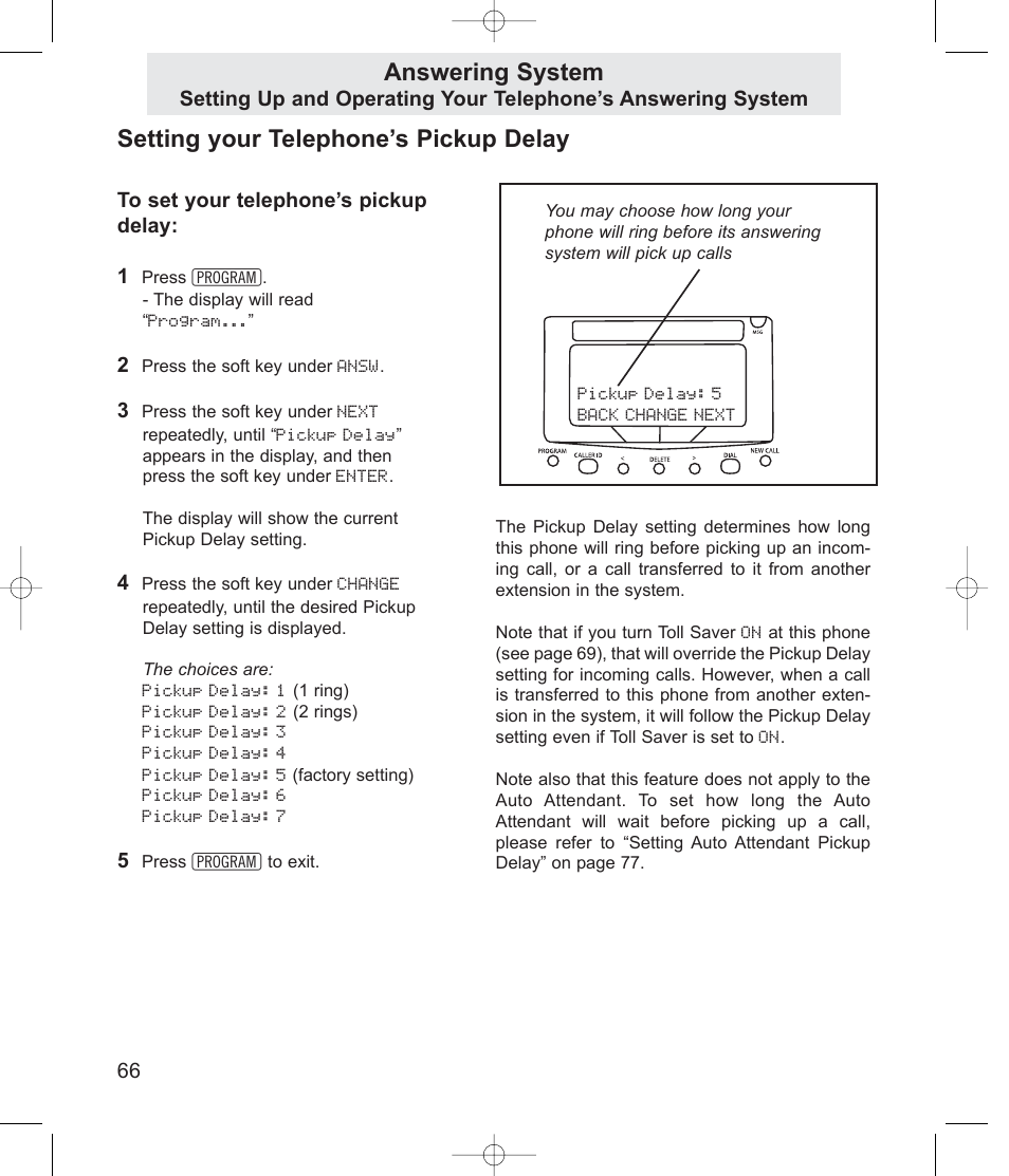 Setting your telephone’s pickup delay, Answering system | TMC EV4500 User Manual | Page 80 / 137