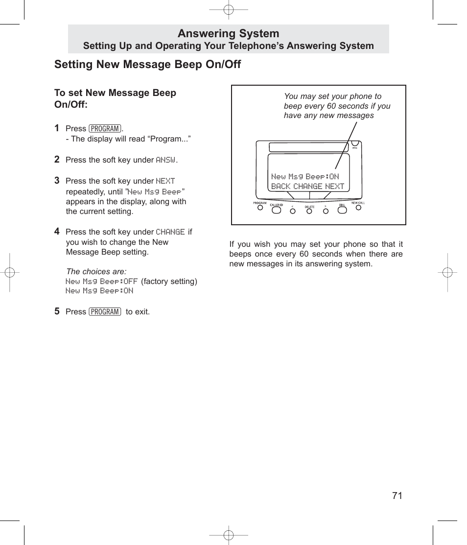 Setting new message beep on/off, Answering system | TMC EV4500 User Manual | Page 85 / 137