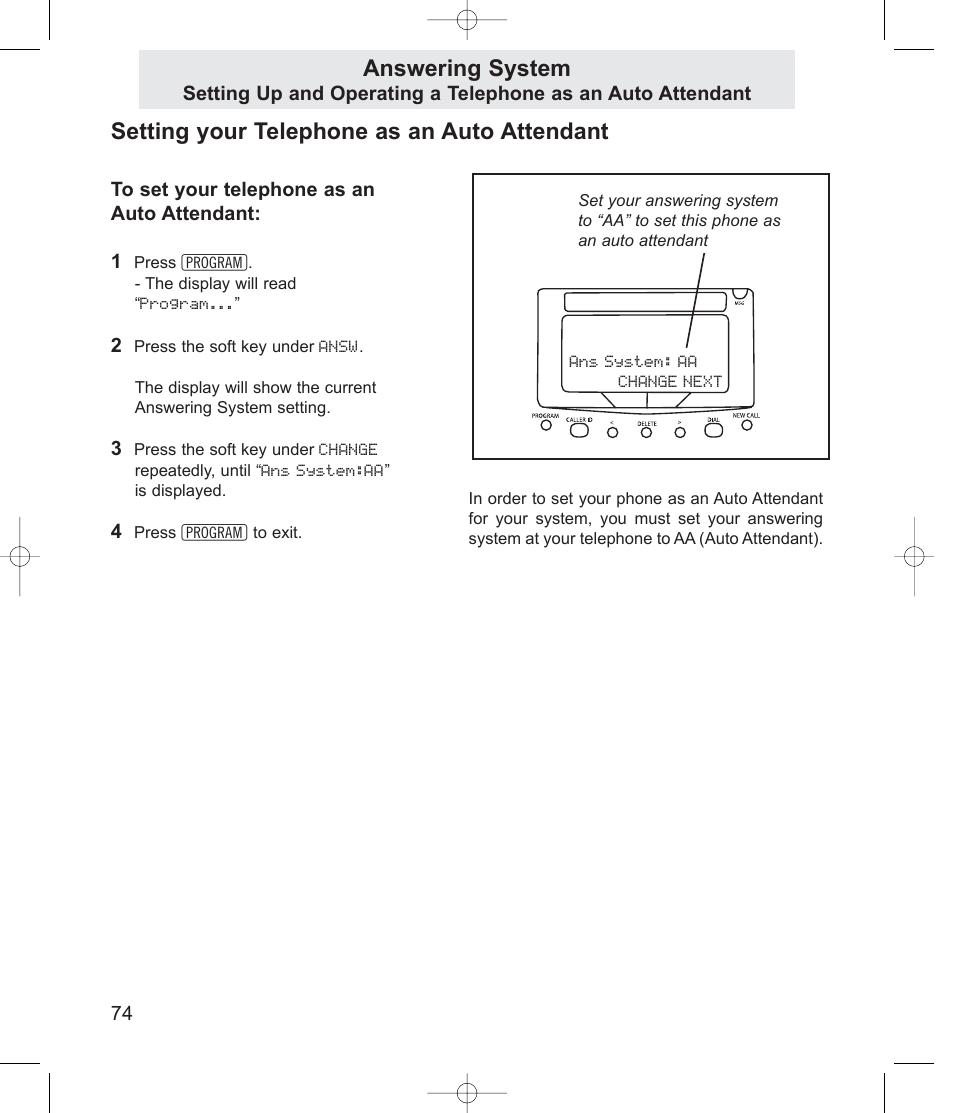 Setting your telephone as an auto attendant, Answering system | TMC EV4500 User Manual | Page 88 / 137