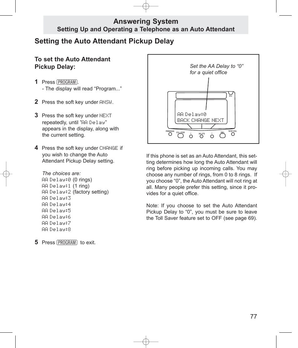 Setting the auto attendant pickup delay, Answering system | TMC EV4500 User Manual | Page 91 / 137