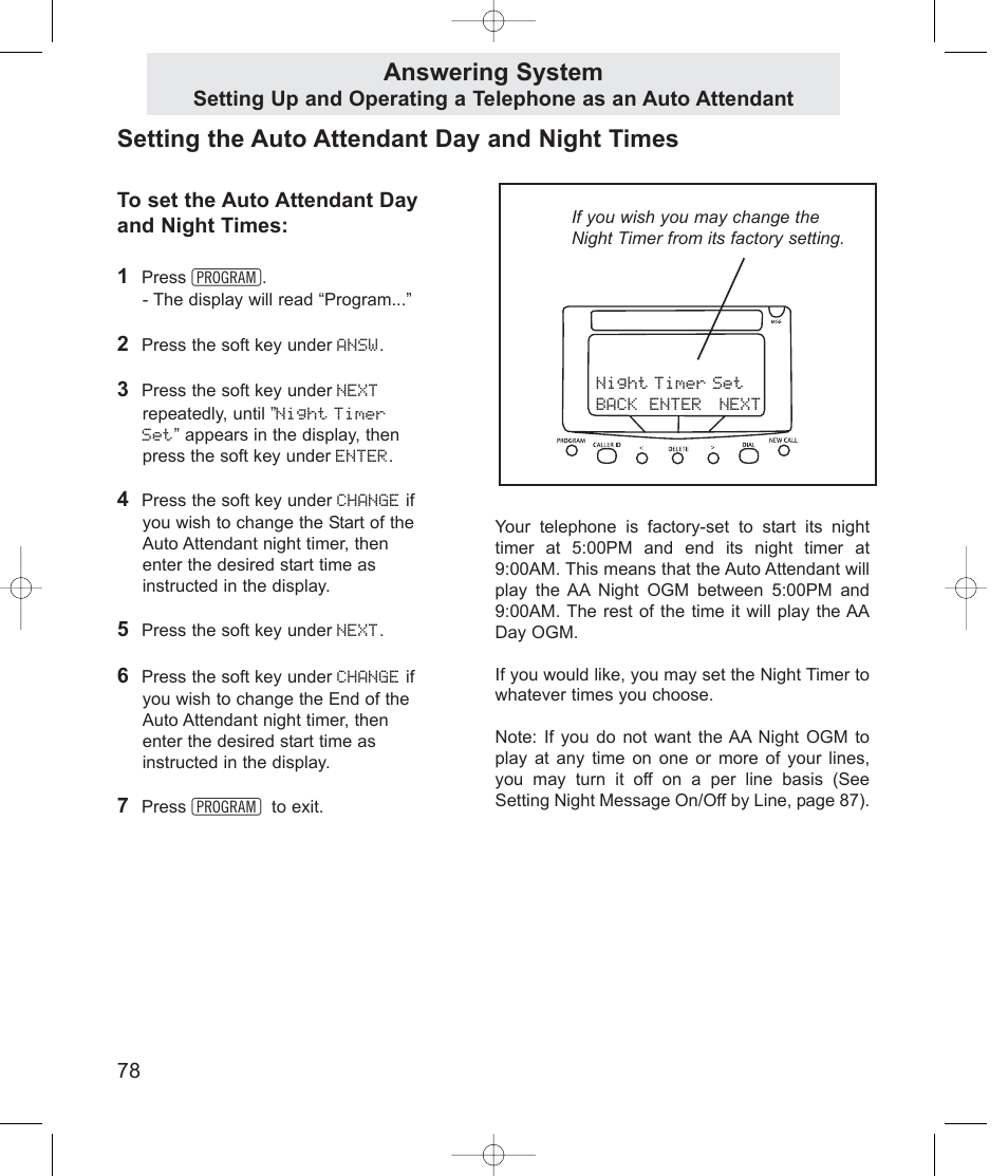 Setting the auto attendant day and night times, Answering system | TMC EV4500 User Manual | Page 92 / 137