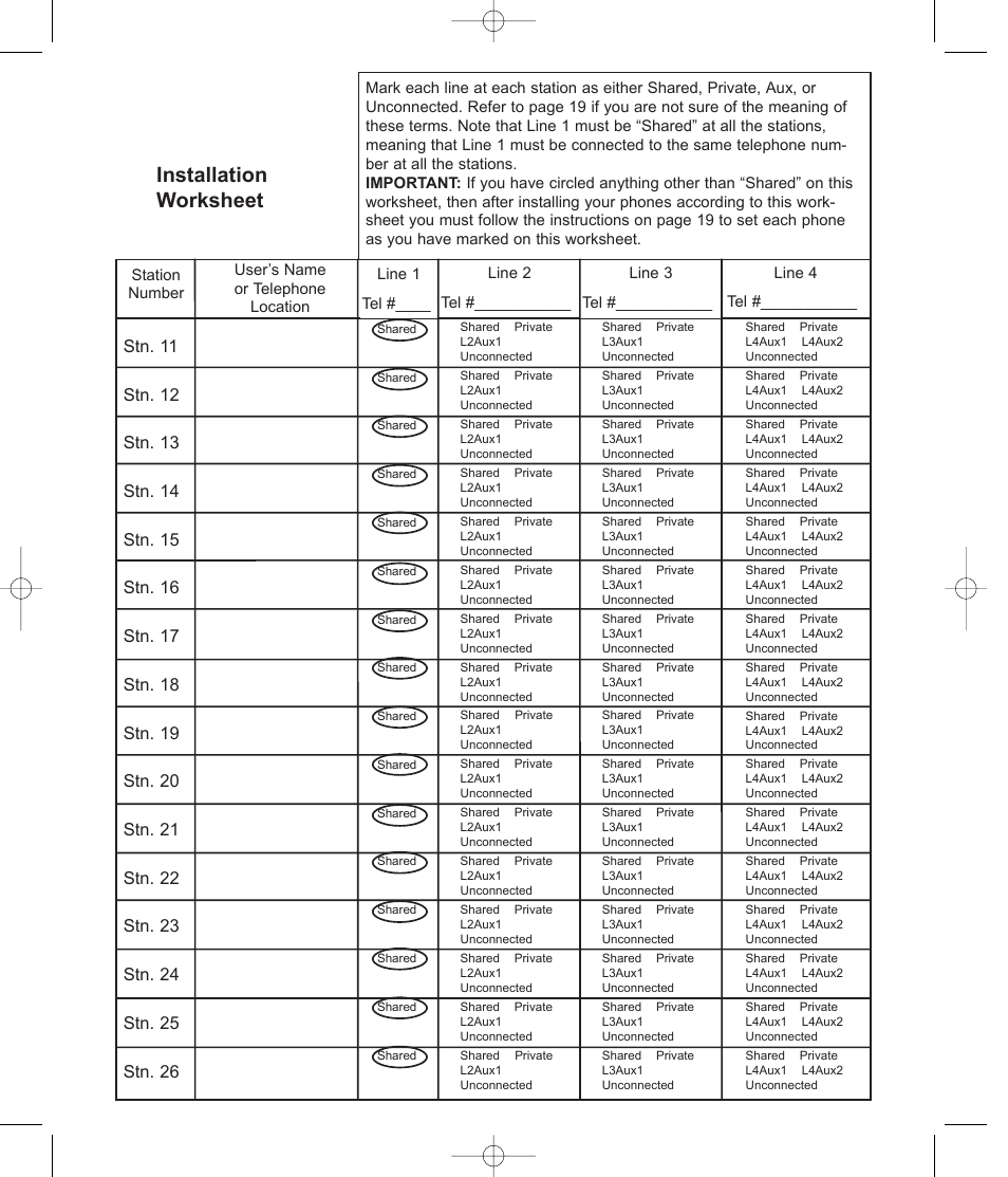 Installation worksheet | TMC ET4000 User Manual | Page 13 / 92